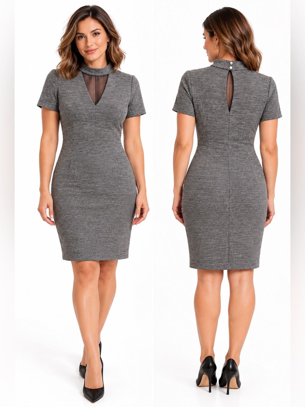 NWT White House Black Market Metallic Gray Short Sleeve Dress Womens 10 Petite